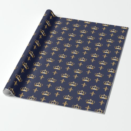 Royal Crown and Fleur de Lis Pattern on Blue Wrapping Paper