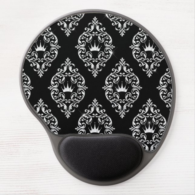 Royal Crown Black and White Damask Gel Mousepad (Front)