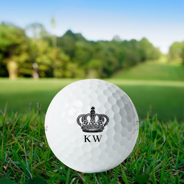 Royal crown black white monogram initials golf balls (Creator Uploaded)