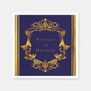 Royal Crown Blue and Gold Flourish Wedding Napkins