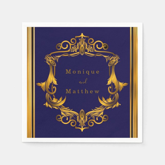 Royal Crown Blue and Gold Flourish Wedding  Napkins (Front)