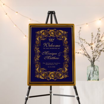 Royal Crown Blue And Gold Flourish Wedding Welcome Foam Board by Wedding_Charme at Zazzle