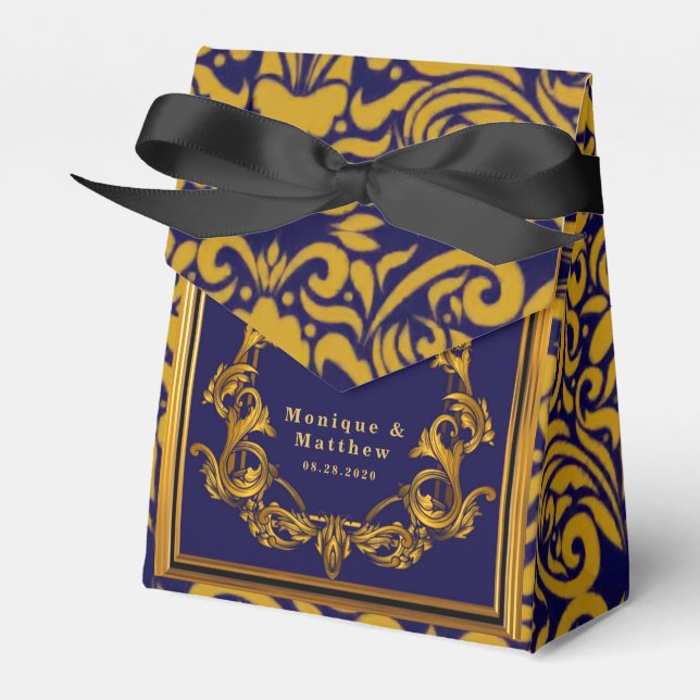 Royal Crown Blue and Gold Flourishes Wedding Favor Boxes (Front Side)