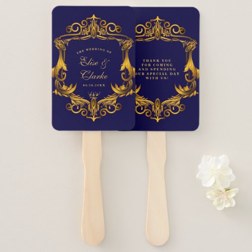 Royal Crown Blue and Gold Flourishes Wedding Hand Fan