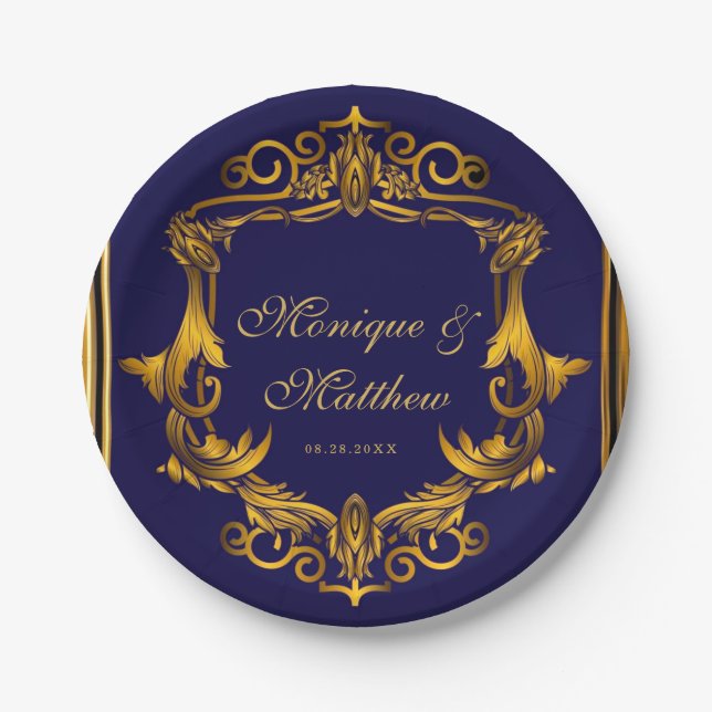 Royal Crown Blue and Gold Flourishes Wedding Paper Plates (Front)