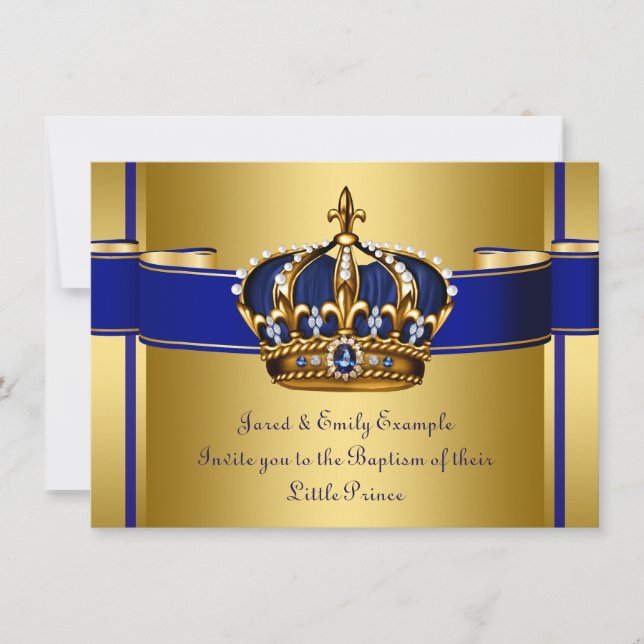Royal Crown Blue and Gold Prince Baptism Invitation (Front)