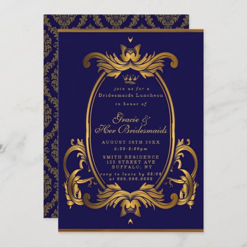 Royal Crown Blue Gold Bridesmaids Luncheon Invites