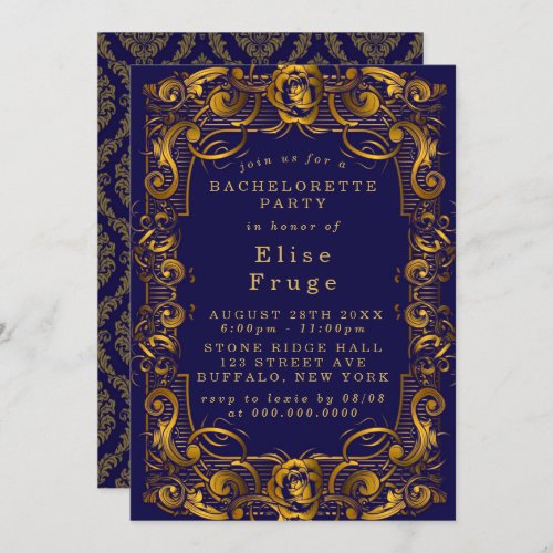 Royal Crown Blue Gold Flourish Bachelorette Party Invitation