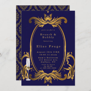 Royal Crown Blue Gold Flourishes Brunch & Bubbly Invitation