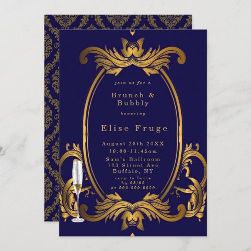 Royal Crown Blue Gold Flourishes Brunch  Bubbly Invitation
