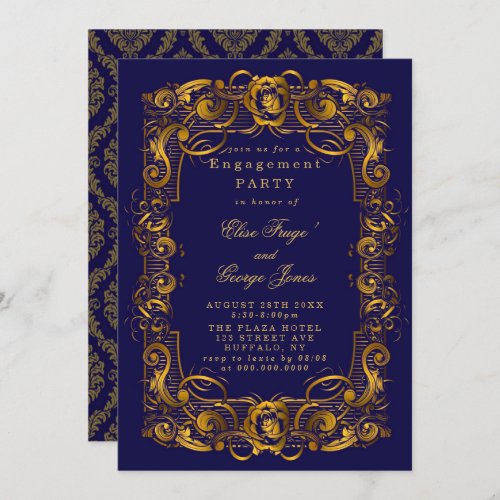 Royal Crown Blue Gold Flourishes Engagement Party Invitation