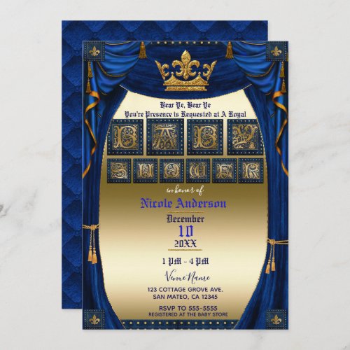 Royal Crown Blue  Gold Prince Baby Shower Invitation