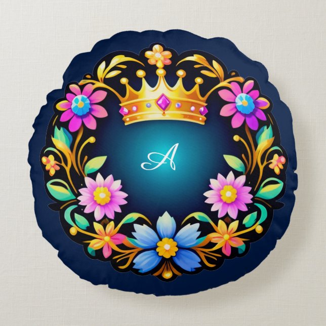 Royal Crown Floral Frame Round Pillow (Front)