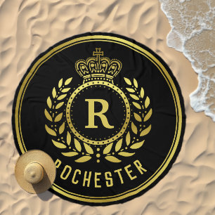 Royal Crown Laurel Wreath Black Gold Monogrammed Beach Towel