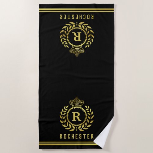 Royal Crown Laurel Wreath Black Gold Monogrammed Beach Towel