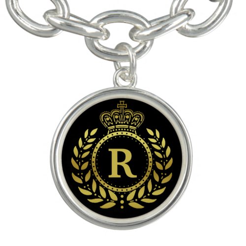 Royal Crown Laurel Wreath Black Gold Monogrammed Bracelet