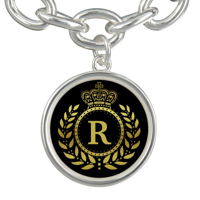 Royal Crown Laurel Wreath Black Gold Monogrammed Bracelet (Design)