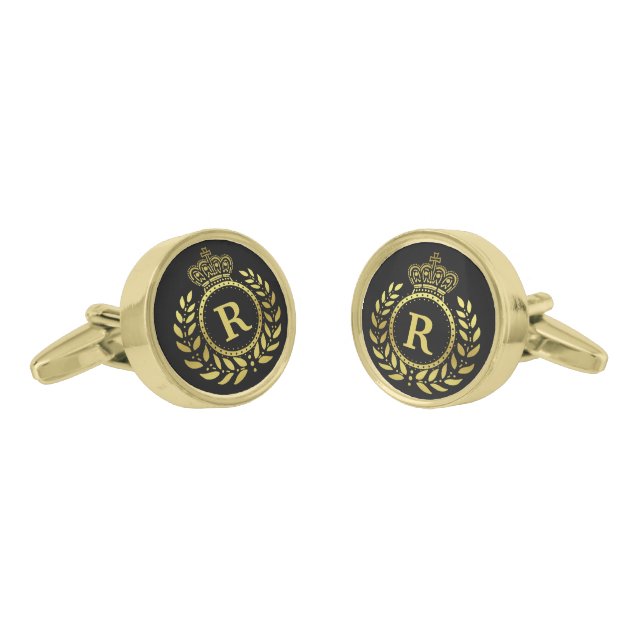 Royal Crown Laurel Wreath Black Gold Monogrammed Cufflinks (Angled)