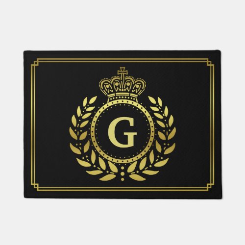 Royal Crown Laurel Wreath Black Gold Monogrammed Doormat