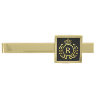 Royal Crown Laurel Wreath Black Gold Monogrammed Finish Tie Bar