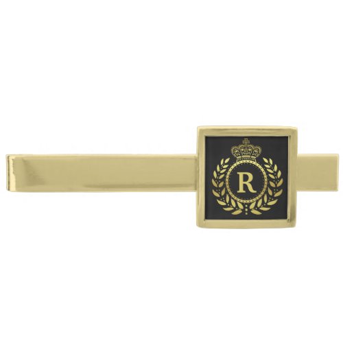 Royal Crown Laurel Wreath Black Gold Monogrammed Gold Finish Tie Bar