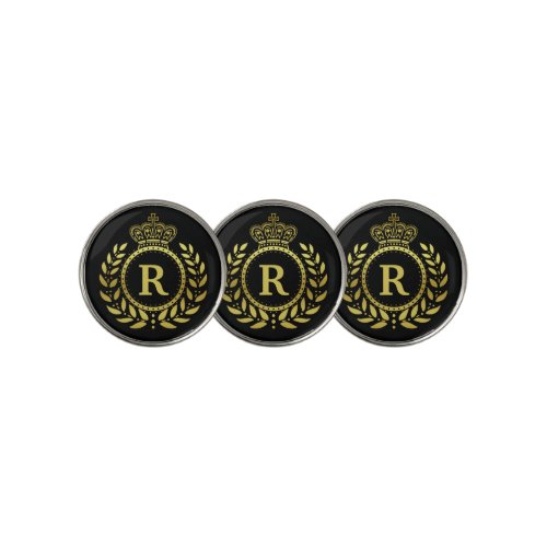 Royal Crown Laurel Wreath Black Gold Monogrammed Golf Ball Marker