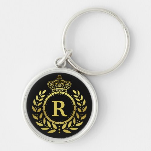 Royal Crown Laurel Wreath Black Gold Monogrammed Keychain