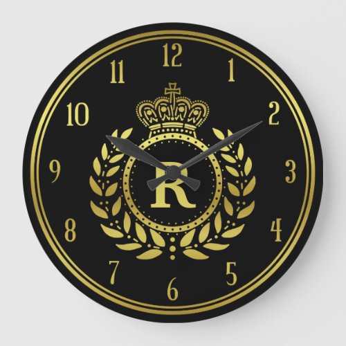 Royal Crown Laurel Wreath Black Gold Monogrammed Large Clock