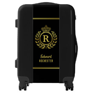Royal Crown Laurel Wreath Black Gold Monogrammed Luggage