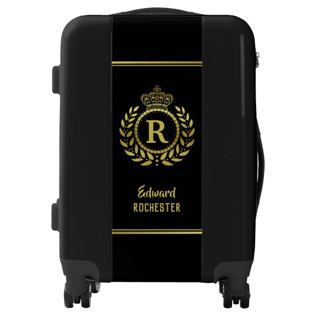 Royal Crown Laurel Wreath Black Gold Monogrammed Luggage (Front)