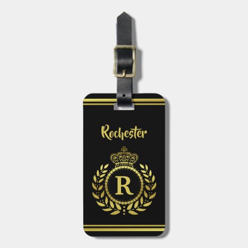 Royal Crown Laurel Wreath Black Gold Monogrammed Luggage Tag