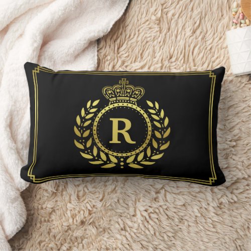 Royal Crown Laurel Wreath Black Gold Monogrammed Lumbar Pillow