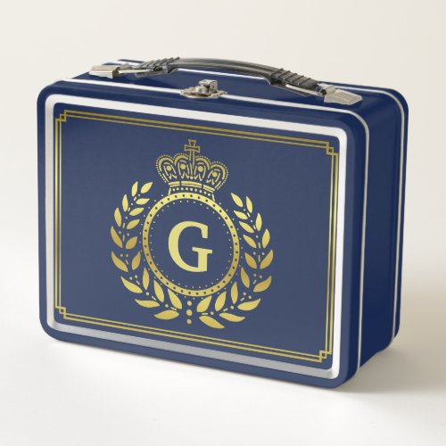 Royal Crown Laurel Wreath Black Gold Monogrammed Metal Lunch Box