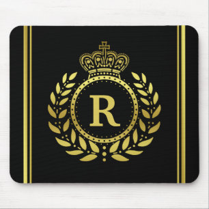 Royal Crown Laurel Wreath Black Gold Monogrammed Mouse Pad