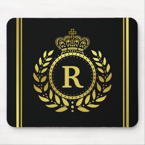 Royal Crown Laurel Wreath Black Gold Monogrammed Mouse Pad