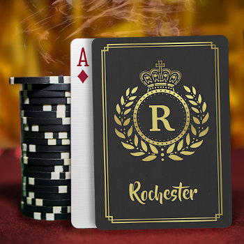 Royal Crown Laurel Wreath Black Gold Monogrammed Playing Cards by FancyCelebration at Zazzle