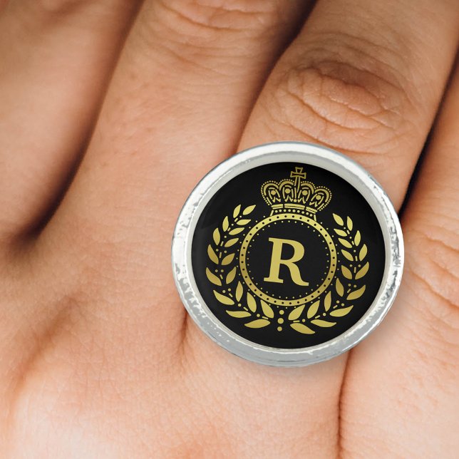 Royal Crown Laurel Wreath Black Gold Monogrammed Ring (Creator Uploaded)