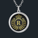 Royal Crown Laurel Wreath Black Gold Monogrammed Silver Plated Necklace<br><div class="desc">Designed in black and faux gold,  this royalty-inspired design includes an elegant laurel wreath and crown motif in Art Deco style. Your personalized monogram letter fills the center. Use the easy template to add your text.</div>