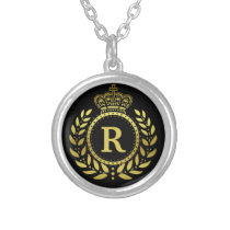 Royal Crown Laurel Wreath Black Gold Monogrammed Silver Plated Necklace