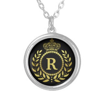 Royal Crown Laurel Wreath Black Gold Monogrammed Silver Plated Necklace by FancyCelebration at Zazzle