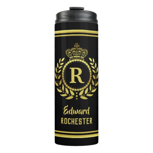 Royal Crown Laurel Wreath Black Gold Monogrammed Thermal Tumbler