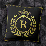 Royal Crown Laurel Wreath Black Gold Monogrammed Throw Pillow<br><div class="desc">Designed in black and faux gold,  this royalty-inspired design includes a geometric frame in classy Art Deco style with an elegant laurel wreath and crown motif. Your personalized monogram letter fills the center. Use the easy template to add your text.</div>