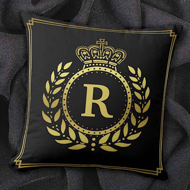 Royal Crown Laurel Wreath Black Gold Monogrammed Throw Pillow (Creator Uploaded)