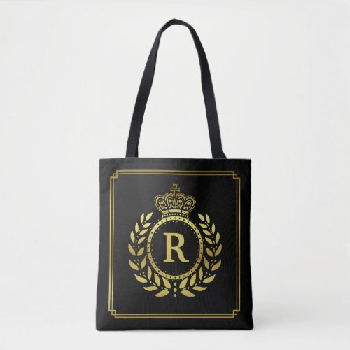 Royal Crown Laurel Wreath Black Gold Monogrammed Tote Bag