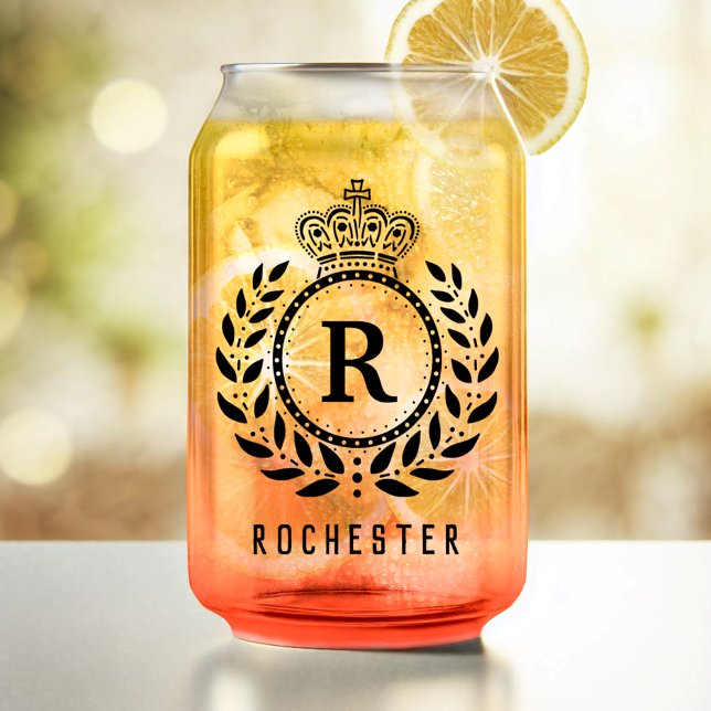 Royal Crown Laurel Wreath Black Monogrammed Name Can Glass (Creator Uploaded)