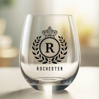 Royal Crown Laurel Wreath Black Monogrammed Name Stemless Wine Glass by FancyCelebration at Zazzle