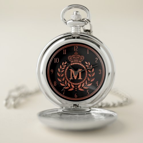 Royal Crown Laurel Wreath Black Rose Gold Monogram Pocket Watch