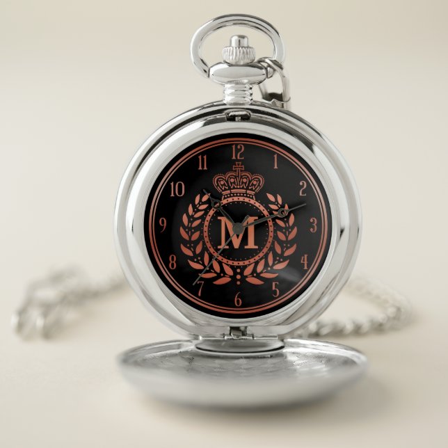 Royal Crown Laurel Wreath Black Rose Gold Monogram Pocket Watch (Inside)