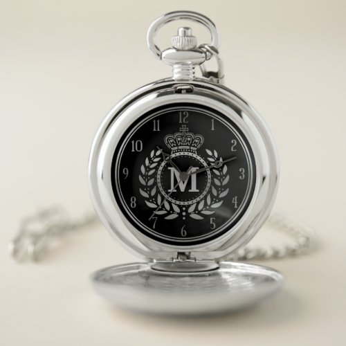 Royal Crown Laurel Wreath Black Silver Monogrammed Pocket Watch