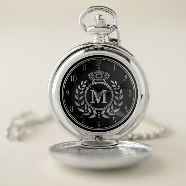 Royal Crown Laurel Wreath Black Silver Monogrammed Pocket Watch (Inside)
